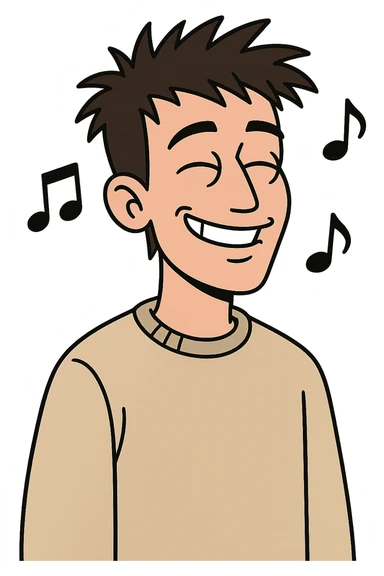 Slava Marlow, smiling, with music notes around, cartoon, no text sticker