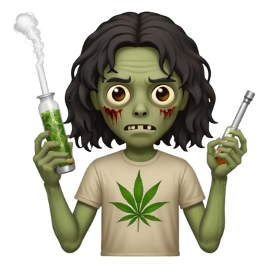 black mid long wavy haired zombie getting stoned with weed t shirt and bong on his hand sticker