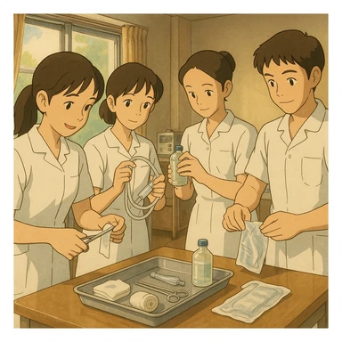 Four nursing students in Ghibli style preparing medical equipment together in a care room. White short-sleeve uniforms, V-neck, left chest pocket, bare forearms, long hair tied for those concerned, no stethoscopes, warm and professional atmosphere. sticker