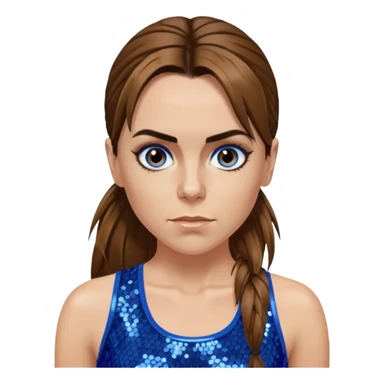 Melanie C with long brown ponytail hair, blue sequin crop top, hazel eye sticker