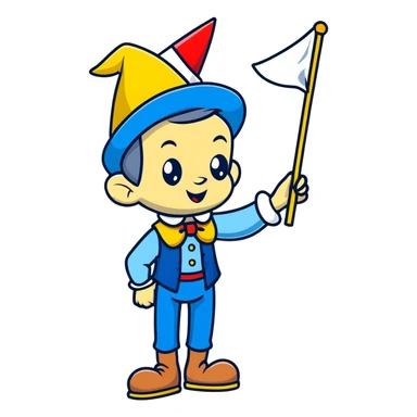 Cartoon Pinocchio puppet with growing long nose, blue outfit and pointed hat sticker