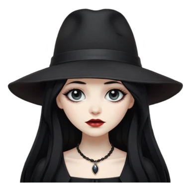 Female Goth with Wide-Brim Hat
 Long straight black hair, white skin, black dress, wide hat casting shadow over eyes. sticker