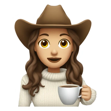 Cozy cowgirl wearing a white sweater and brown cowboy hat sipping coffee. Brunette hair sticker