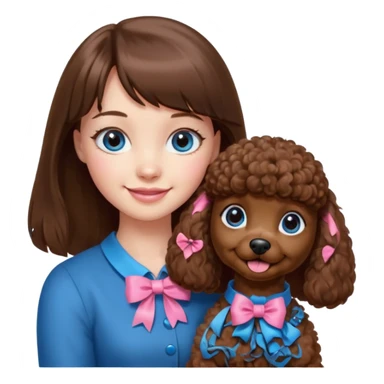 dziewczyna, długie brązowe włosy z grzywką i niebieskie oczy trzyma na rękach brązowego pudelka z różową kokardką sticker