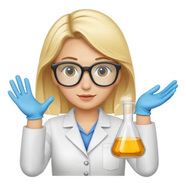 Eine hellblonde Chemikerin mit Kittel, Handschuhen großer Labor-Sicherheitsbrille und typischem Erlmeyerkolben in der Hand sticker