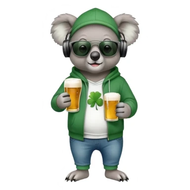 anthropomorphised koala, full body, wearing a hoodie and jeans, dark sunglasses, headphones, dressed for St. Patrick's Day sticker