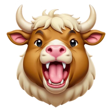 Cinematic Cute Yawning Domestic Bull Portrait Emoji, Head tilted slightly with a dramatic, wide-open yawn, showcasing a robust, muscular frame with a soft, downy coat and subtly drooping horns, round eyes barely open in drowsy contentment, Simplified yet irresistibly adorable features, highly detailed, glowing with a soft, cozy natural glow, high shine, relaxed yet expressive, stylized with a dash of rustic whimsy, soft glowing outline, capturing the essence of a sleepy yet affectionate domestic bull that seems ready to stretch out and settle for a nap! sticker