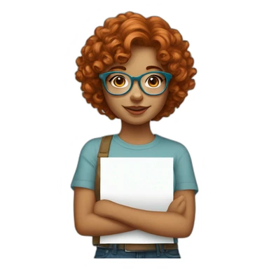 pretty girl with curly copper hair and blue glasses holding a big banner sticker