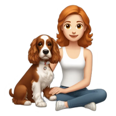 woman with dark brown hair in white singlet with ginger cocker spaniel on her lap sticker