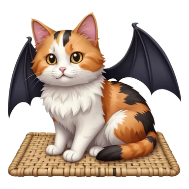 cat sitting on a mat with two bats flying nearby sticker