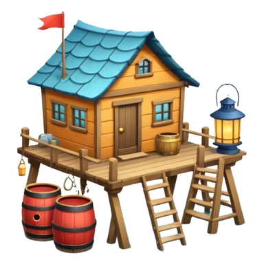 
fisherman house on a wooden pier, small dock, fishing nets hanging, barrels, lantern, ocean vibe, 3D cartoon, cute mobile game icon, clean background, no text
 sticker