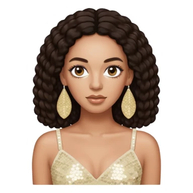 Solange with long dark brown hair, ivory sequin crop top, ivory earring sticker