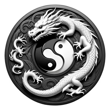 An icon symbolizing Eastern martial arts in the style of an emblem, featuring a black-and-white Yin-Yang symbol and a dragon at the center, surrounded by elements like a dojo. Transparent background highlights balance and power. sticker