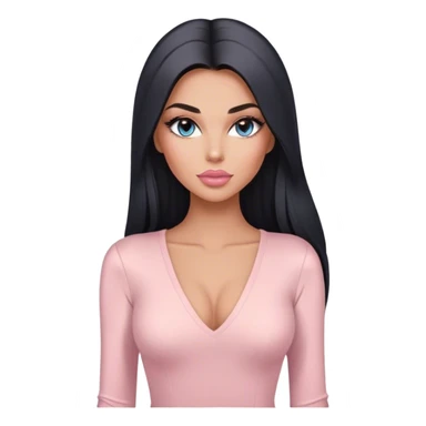 Glamours, tanned, very beautiful girl, with big pump peach-beige-rose lips, long long lashes, black straight smooth silky long hair, straight parting hair, blue-grey eyes in light pink long-sleeves v-neck bodysuit sticker