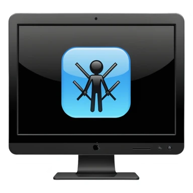 Minimalistic flat vector icon, iOS style, thin black contour on white background. Computer monitor showing a simple stickman character inside a game world. Clean, no text, no shadows sticker