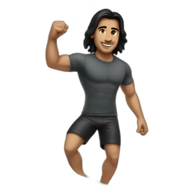 guy with long black hair in short and t-shirt surfing a wave sticker