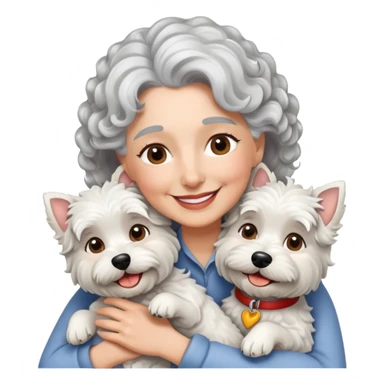 Single silver-haired with curly hair 60-ish lady smiling and hugging single westie dog sticker