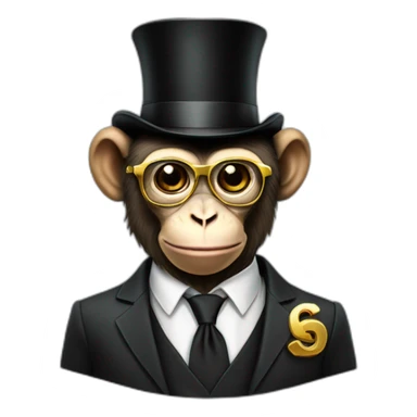 a monkey wearing a suit with a top hat with a gold chain and dollar sign glasses sticker