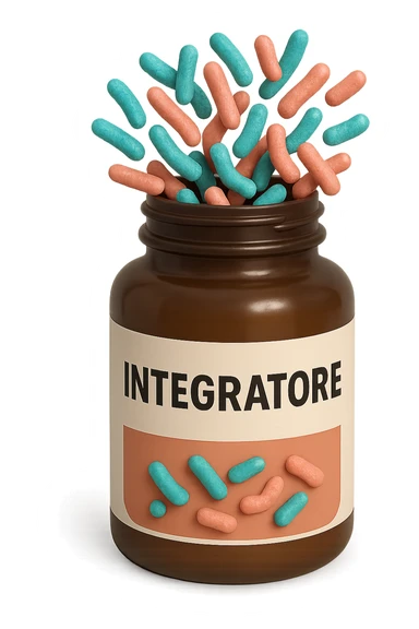 EMOJI STILE IPHONE DI boccetta di integratore con la scritta "INTEGRATORE" SULL'ETICHETTA, con batteri intestinali turchesi e rosa salmone che escono, IPERREALISTICO 4K sticker