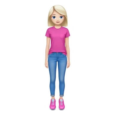 beautiful girl with fair hair, blue eyes, in a vivid pink shirt, grey jeans and white trainers sticker