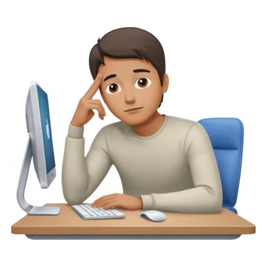 emoji of a man sitting at the table with an imac on it, a man is sitting in a very thoughtful pose, he has his hands on the table and his head resting on them sticker