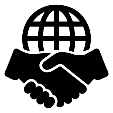 International partners icon, handshake in front of a globe, black filled style, variation 8 sticker