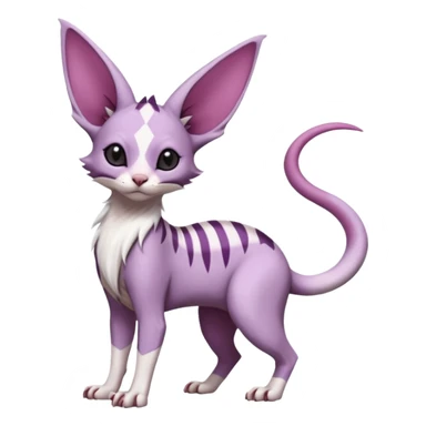 Furry, Purple, white, black, Minccino-Sphynx-Lykoi-Linoone-Zangoose-fusion-hybrid-animal-Fakémon-creature, full body, thin long sleek scaly tail, intricate markings sticker