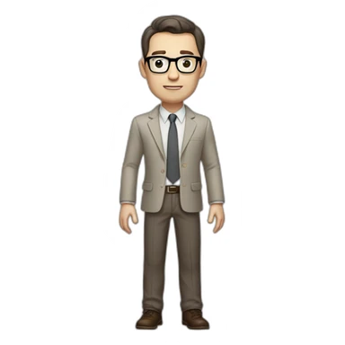 Full height Gesticulating Pale skinned fit man with dark brown hair in gray jacket, beige office shirt, brown tie, brown pants and vintage glasses. sticker