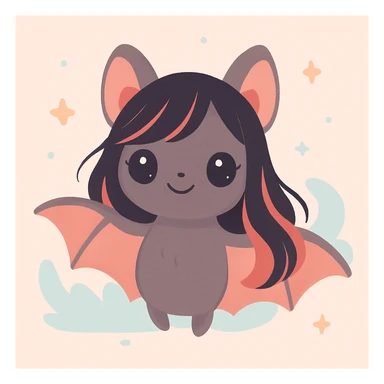 adorable female bat with long black and red hair, big eyes, whimsical style sticker