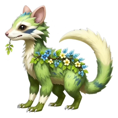 Realistic Sharp swampy realistic mossy grassy elemental ivy floral detailed Colorful translucent luminescent glowing Trico-Sergal-Furret-Ferret-Wolverine-Vernid-furry-fursona-fusion-Fakemon-animal-hybrid-creature, full body sticker