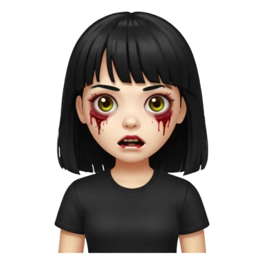 A zombie girl in Apple Memoji format with the longest, straight black hair with bangs, wearing a black shirt. sticker