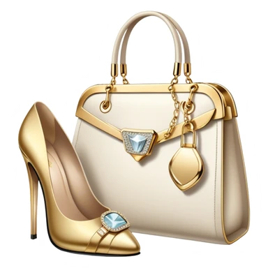 A photorealistic icon featuring luxurious fashion accessories like a high-end handbag, elegant high heels, a sparkling diamond necklace and a stylish pair of sunglasses. The design includes gold accents, purfume, and glamorous textures, fashion, and VIP luxury. Transparent background sticker