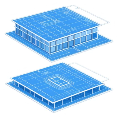 blue blueprint plan with white lines, perspective view showing both side and top sticker