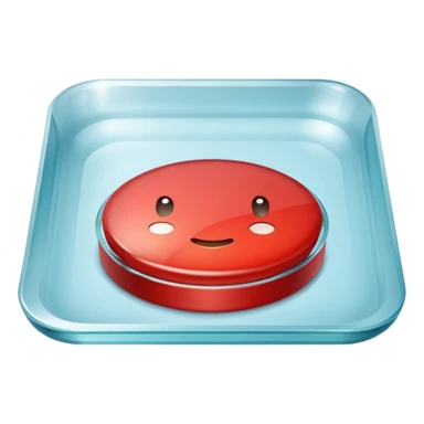 A big red round button under a square-shaped glass lid sticker
