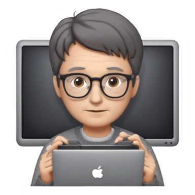 Profesor de pelo gris marrón oscuro con gafas un  jersey gris y un ordenador los óleos son marrones con poca cantidad de pelo sticker