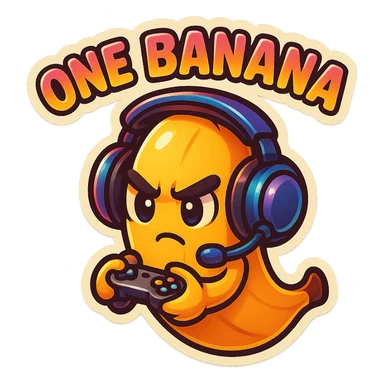 Cartoon banana wearing headset, holding tiny controller, focused expression, text above: "NE BANANA", chibi style, Twitch emoji style, transparent background, colorful sticker