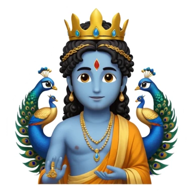 Create a Jesus, Krishna, and Buddha standing together. Krishna: bright blue skin, black curly hair tied in a small topknot, a tiny golden crown decorated with a peacock feather, wearing a yellow dhoti and light golden jewelry

 sticker