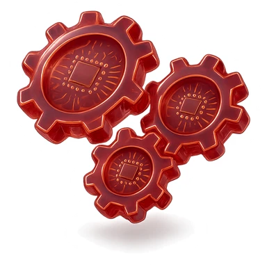 Make the set of three round gears shiny and metallic in glossy circuit style, all in red color, with no background. sticker