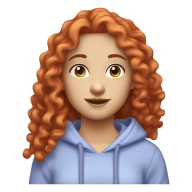 a white girl with long red curly hair, wearing a pastel periwinkle hoodie doing a pose sticker