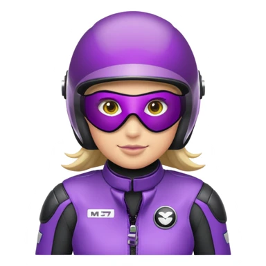 Créer un emoji avec une moto mt07 sport noir mate / violet iridescent très foncé, pare-brise de la moto violet. Avec une femme pilote dessus, visage masqué par la visière violette . Avec en arrière plan cercle violet. sticker