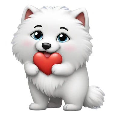 American Eskimo holding a big cute heart sticker