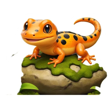 A 3D cartoon salamander on a mossy rock, orange and black spots, smooth shiny skin, small smiling face, soft realistic lighting, Memoji-style look. sticker