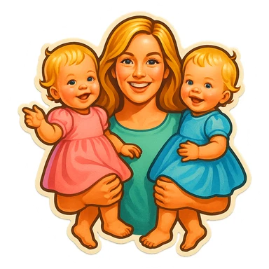 mother with long light hair and two one-year-old twin girls with short light hair on her arms, pastel dresses, retro stickers style, soft shadows, different variations sticker