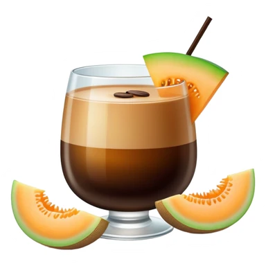 dark coffee carajillo drink in a glass with a slice of cantaloupe melon on the side sticker
