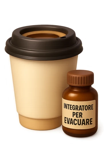 EMOJI STILE IPHONE 3D DI un caffè e di una boccetta di integratore con la scritta "INTEGRATORE PER EVACUARE" SULL'ETICHETTA, iperrealistico 4k sticker