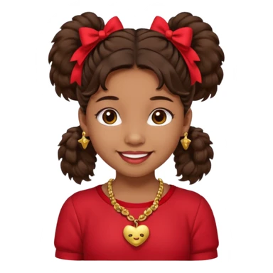 Brownskin girl dark brown hair fluffy. pigtails with red bows brown eyes smiling closed mouth red shirt gold esrrings gold necklace sticker