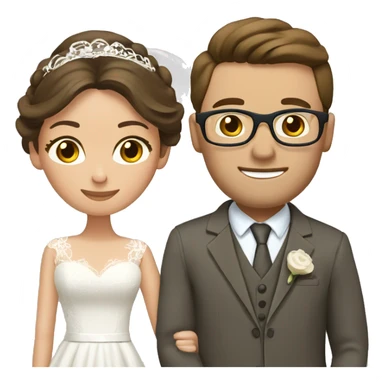 Wedding couple. Bride has brown hair pinned up. She wears lace dress. She has blue eyes. Groom has olive green suit and brown vest. He has brown hair. He wears glasses. He has brown eyes. sticker