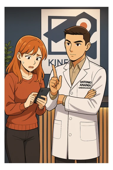 su questo stile fai un manga/webtoon a colori in cui una donna CONTROLLA LO SMARTPHONE MENTRE PARLA CON L'UOMO, l'uomo della foto in stile manga LE DICE DI "NO" CON IL DITO, mantieni un ambiente simile alla foto che ho allegato con il suo logo (sarebbe il suo studio, lui è un kinesiologo), scrivigli "ANTONIO ANANIA" sul camice bianco, non mettere fumetti, ma fai in modo che sembri che la donna CONTROLLI LO SMARTPHONE E L'UOMO CON I GESTI LE FACCIA CAPIRE CHE STA SBAGLIANDO sticker