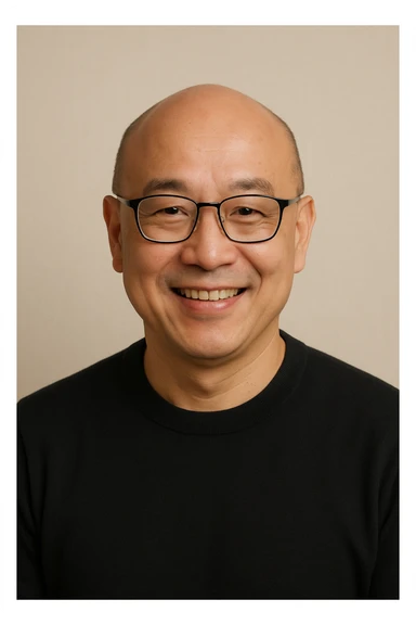 bald Asian man with glasses, friendly face, simple background sticker
