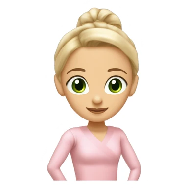 Blonde green eyed girl in a pink Pilates outfit with a beige ballet wrap Cardigain around. Medium tanned. And hair in a ponytail sticker